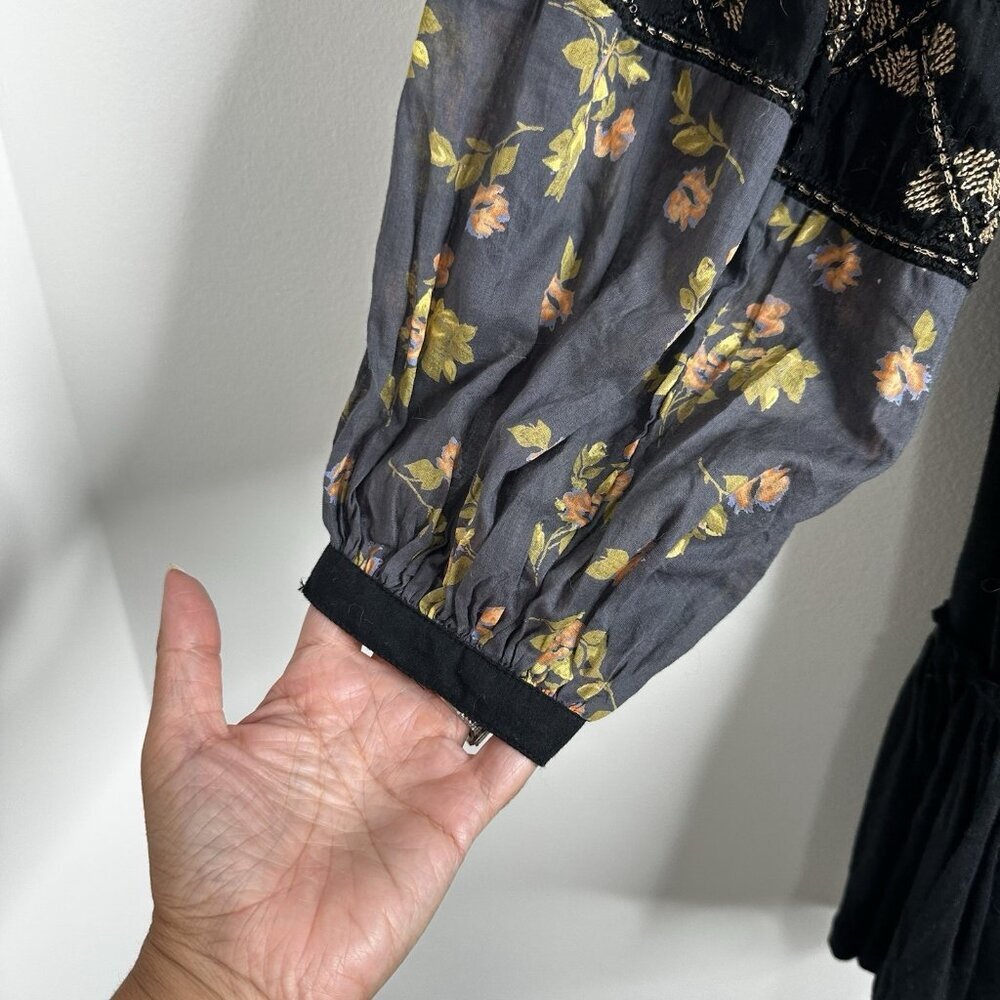 Free People Mix It Up Black Tunic Dress‎ Large Boho Floral Balloon Sleeve - Picture 9 of 16